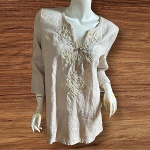 NEW Charter Club Linen Cream Embellished Bohemian Cover Up Tunic Relaxed Fit L